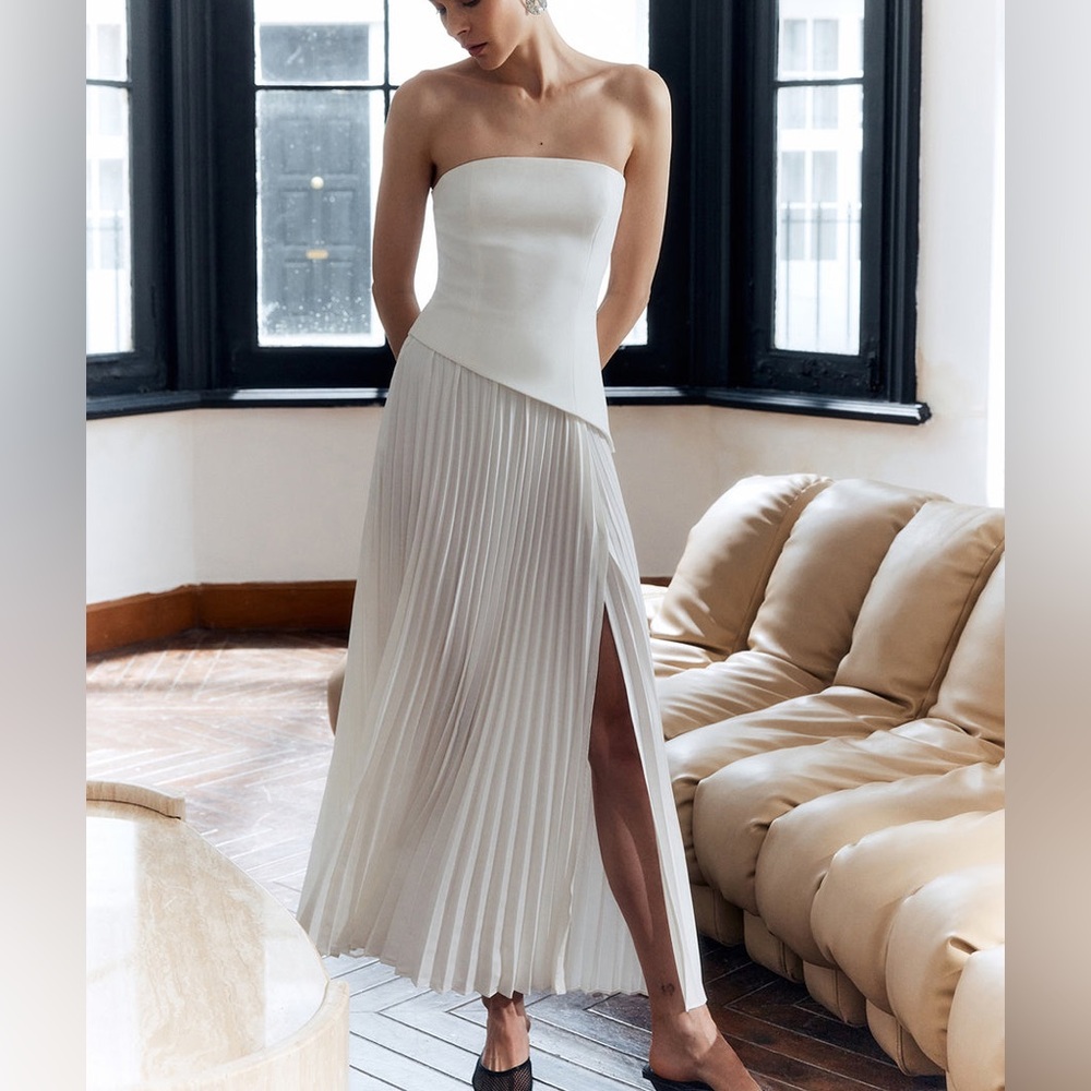 White contrasting Pleated Strapless Split hem asymmetrical top midi Dress - Picture 1 of 6